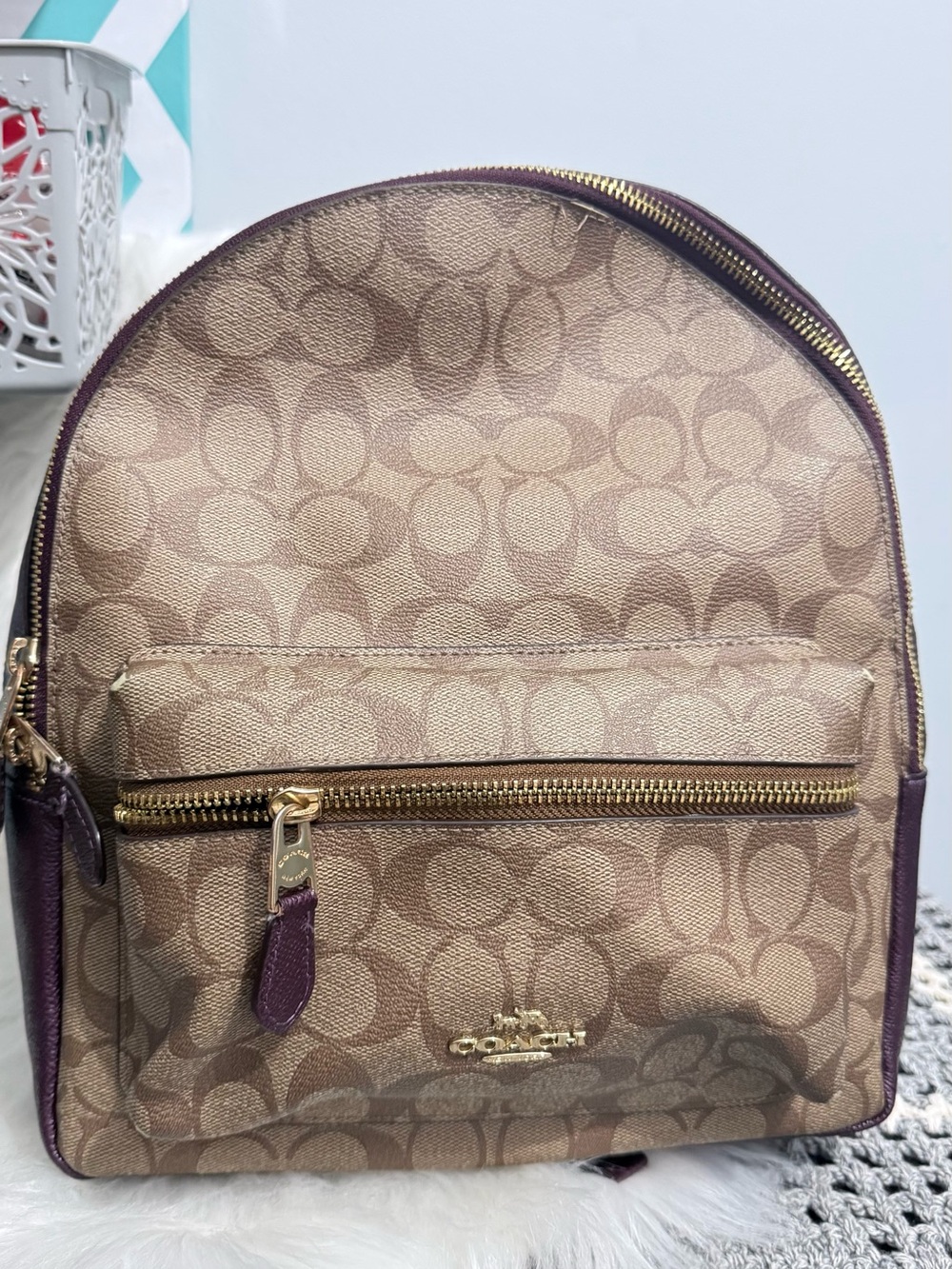 Coach Brown Signature Canvas Backpack and Wallet with Purple Trim - Picture 4 of 6